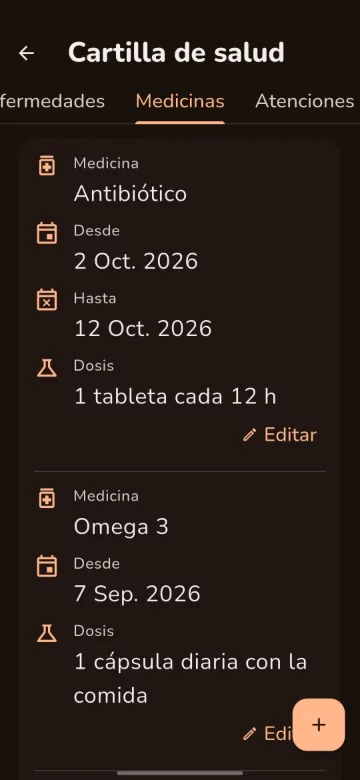 Cartilla de salud en la pestaña de medicinas con antibiótico y omega 3, sus fechas y dosis