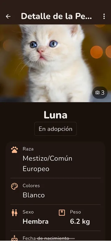 Detalle de Luna, una gatita blanca en adopción, con su raza, colores, sexo y peso