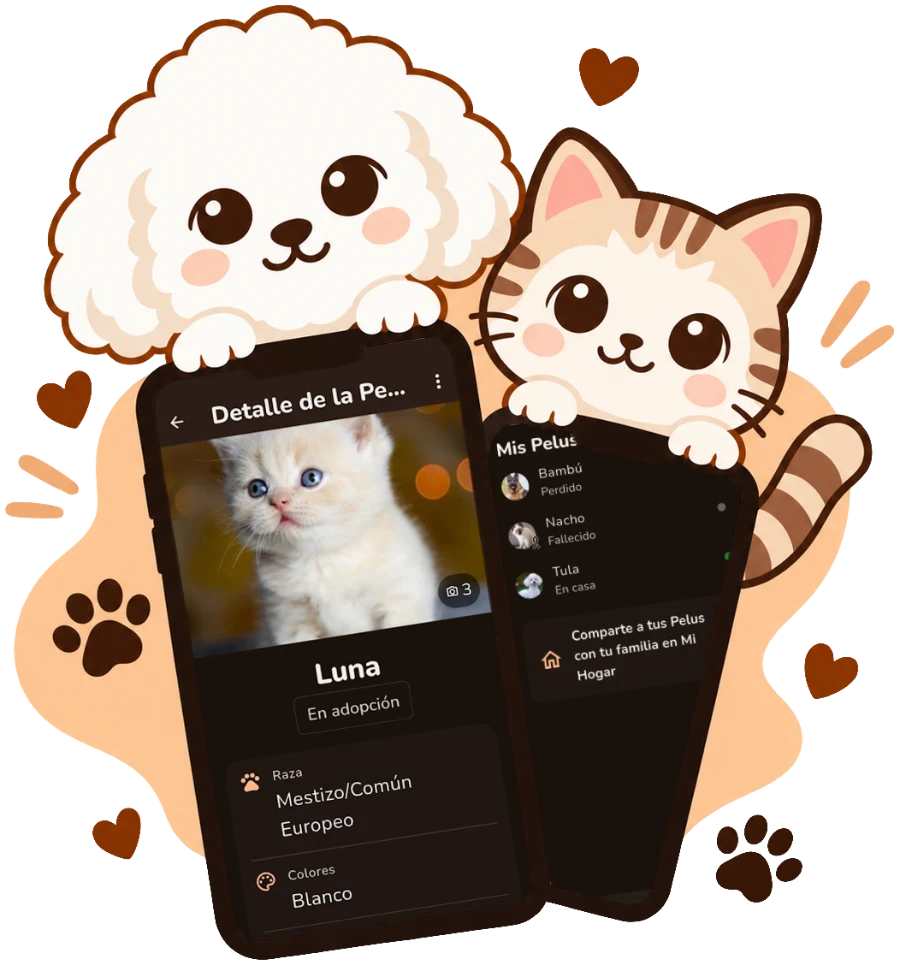 Un perrito caniche y un gatito asomados sobre dos celulares que muestran PelusApp