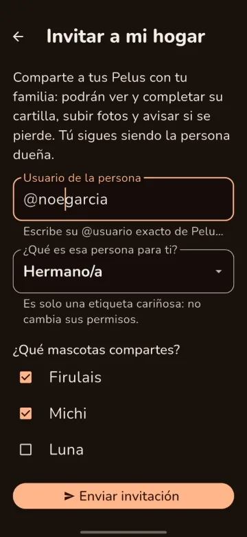 Formulario para invitar a una persona a Mi Hogar eligiendo qué mascotas compartir