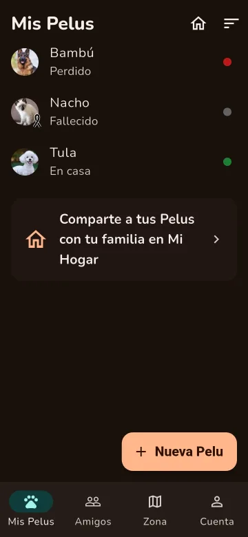 Pantalla Mis Pelus con la lista de mascotas Bambú, Nacho y Tula, cada una con su estado
