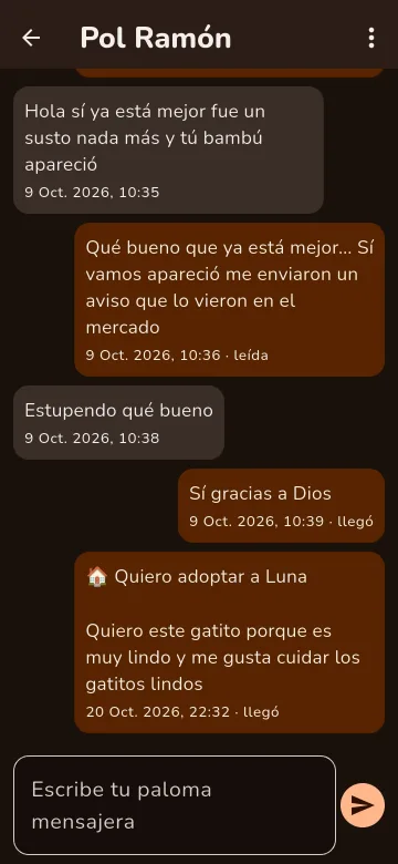Conversación de palomas mensajeras entre dos cuidadores sobre una mascota que apareció