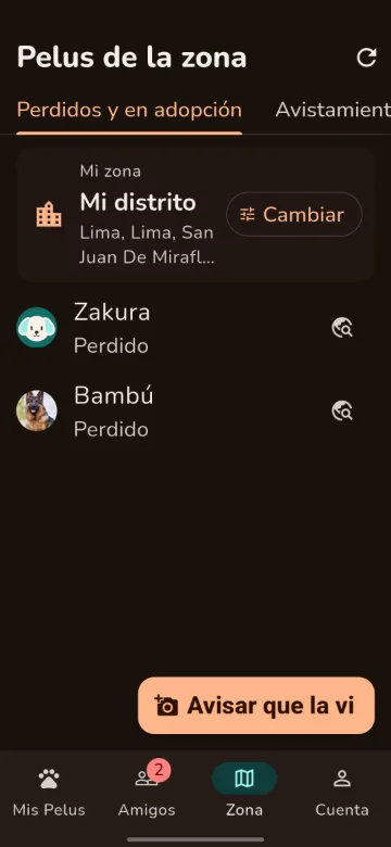 Pantalla Pelus de la zona de PelusApp con mascotas perdidas, avistamientos y en adopción cerca del usuario